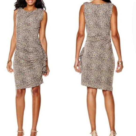 BETSEY JOHNSON Leopard Print Midi Sheath Dress Ruched Sleeveless Size 6 Classic - Picture 1 of 12